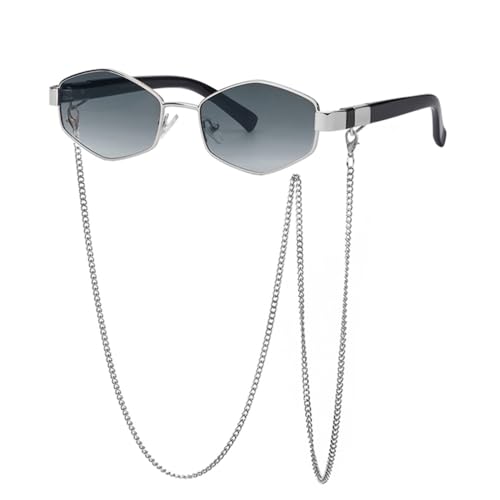 Lunettes de soleil polygonales pour femmes LVTFCO avec chaîne amovible style rétro double gris