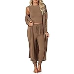 KIRUNDO Women Spring 3 Piece Outfits Casual Fall Long Sleeve Long Cardigan Sleeveless Crop Top Drawstring Pants Lounge Sets