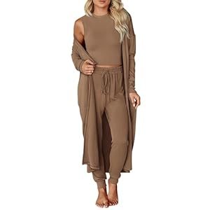 KIRUNDO Women Spring 3 Piece Outfits Casual Fall Long Sleeve Long Cardigan Sleeveless Crop Top Drawstring Pants Lounge Sets