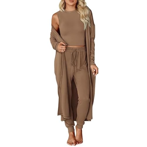 KIRUNDO Women Spring 3 Piece Outfits Casual Fall Long Sleeve Long Cardigan Sleeveless Crop Top Drawstring Pants Lounge Sets
