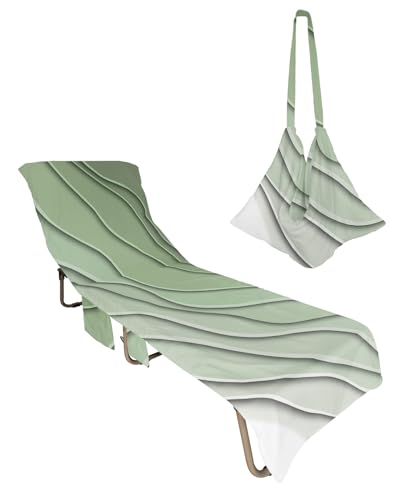 Geometric Sage Green Beach Chair Towel Covers for Chaise Lounge with Side Pocket, Soft Plush Pool Towels Cover for Patio Sunbathing Outdoor 29''x85'' Gradient Contemporary Stripes