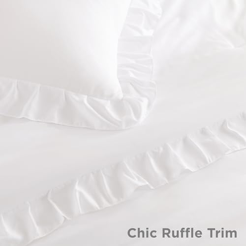 Image of Litanika White Twin Size Comforter Sets, 3 Pieces Ruffle Farmhouse Aesthetic Bedding Comforter Sets, All Season Soft Lightweight Fluffy Microfiber Bed Set(66x90In Comforter, 1 Pillowcase)