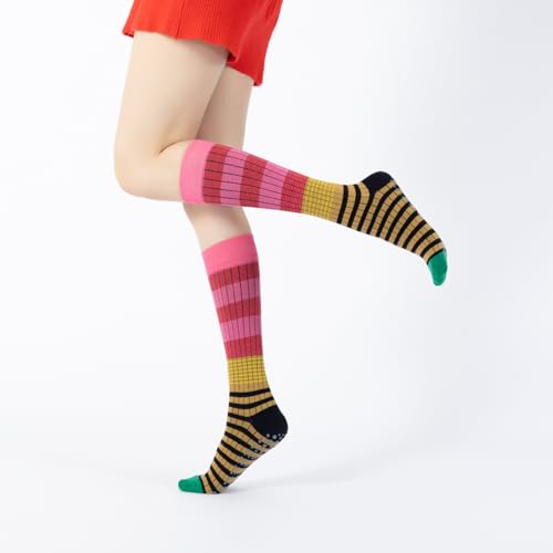 Image of Verdancy Yoga Pilates Socks with Grips for Women Striped Color-Blocked Knee Highs Non Slip Cushioned Over the Calf Socks