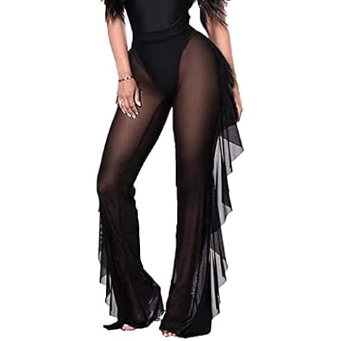 SANSIWU Women's Sheer Mesh Ruffle Pants Swimsuit Bikini Bottom Cover up Party Club Elastic High Waist Wide Leg Beach Pants (A-Black, Medium) Cover