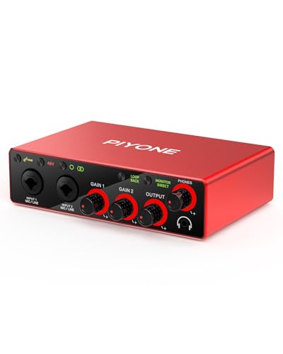 PIYONE Audio Interface, 2X2 24-bit/192kHz Interface for High-Fidelity, Studio Quality PC/Mac/iOS Recording, XLR/TRS Combo Input, Monitor Mix/Loopback Function, One-cable Setup(Alloy Red)