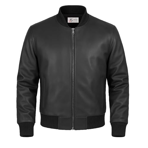 Men's Black Leather Jacket for Men, Genuine Leather Bomber Classic Style, Ribbed Collar and Cuffs