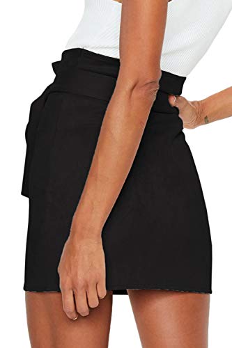 Meyeeka Women's Paperbag High Waist Button Trim Front Belted Faux Suede Mini Skirt4