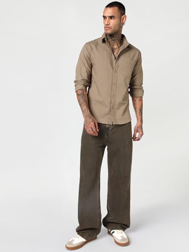 Image of Bewakoof Mens Solid Regular Fit Full Sleeve Collar Cotton Linen Blend Shirt