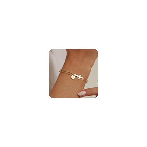Gold Bracelets for Women,14K Gold-Plated Dainty A-Z Letter Cross Initial Bracelet for Women, Hypoallergenic Paperclip Chain Bracelets Fashion Accessories Religious Christian Gift