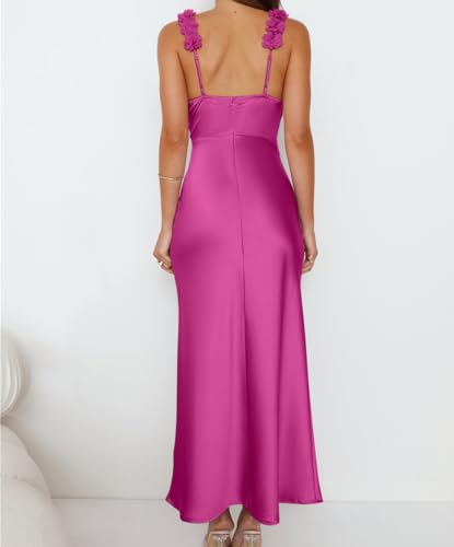 Image of Phicia Summer Satin Spaghetti Strap V Neck Midi Dresses for Women Wedding Guest Elegant Flower Backless Cocktail Formal Dress