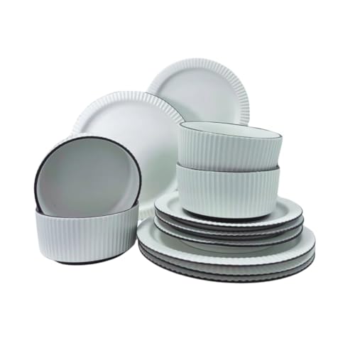 Juego de Vajilla de 12 Piezas, Platos y Cuencos de Porcelana Blanca, Diseño Acanalado, Set de Servicio para 4 Personas