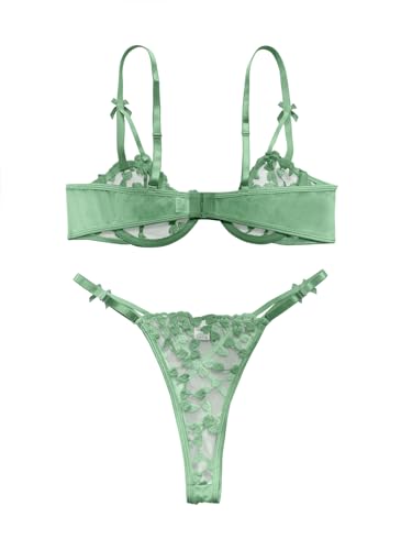Image of Lilosy Sexy Underwire Cute Push Up Strappy Embroidered Mesh Sheer Lingerie Set See Through Panty Bra