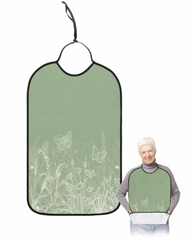 LEOKOTI Green Spring Floral Adult Bibs for Eating, Waterproof Bibs with Food Catcher & Adjustable Snap Closure, Modern Art Pastoral Summer Botanical Washable Clothing Protectors Adult Bibs for Elderly