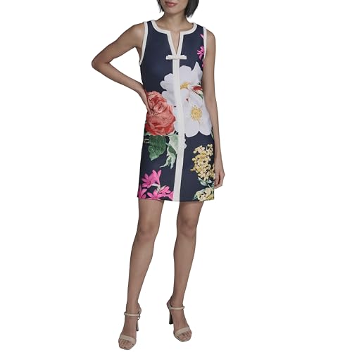 Image of Karl Lagerfeld Women's Sleeveless Split Neck Contrast Trim A-line Mini Dress with Bow Detail