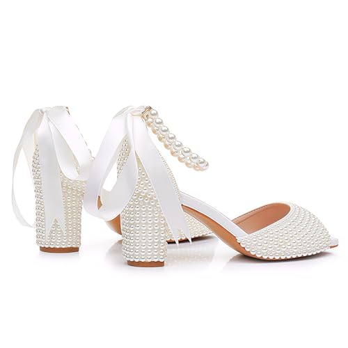 Image of Goolita Pearl Heels For Women Mid Block Ankle Strap Heeled Sandals Round Open Toe Party Evening Bridal Shoes For Wedding