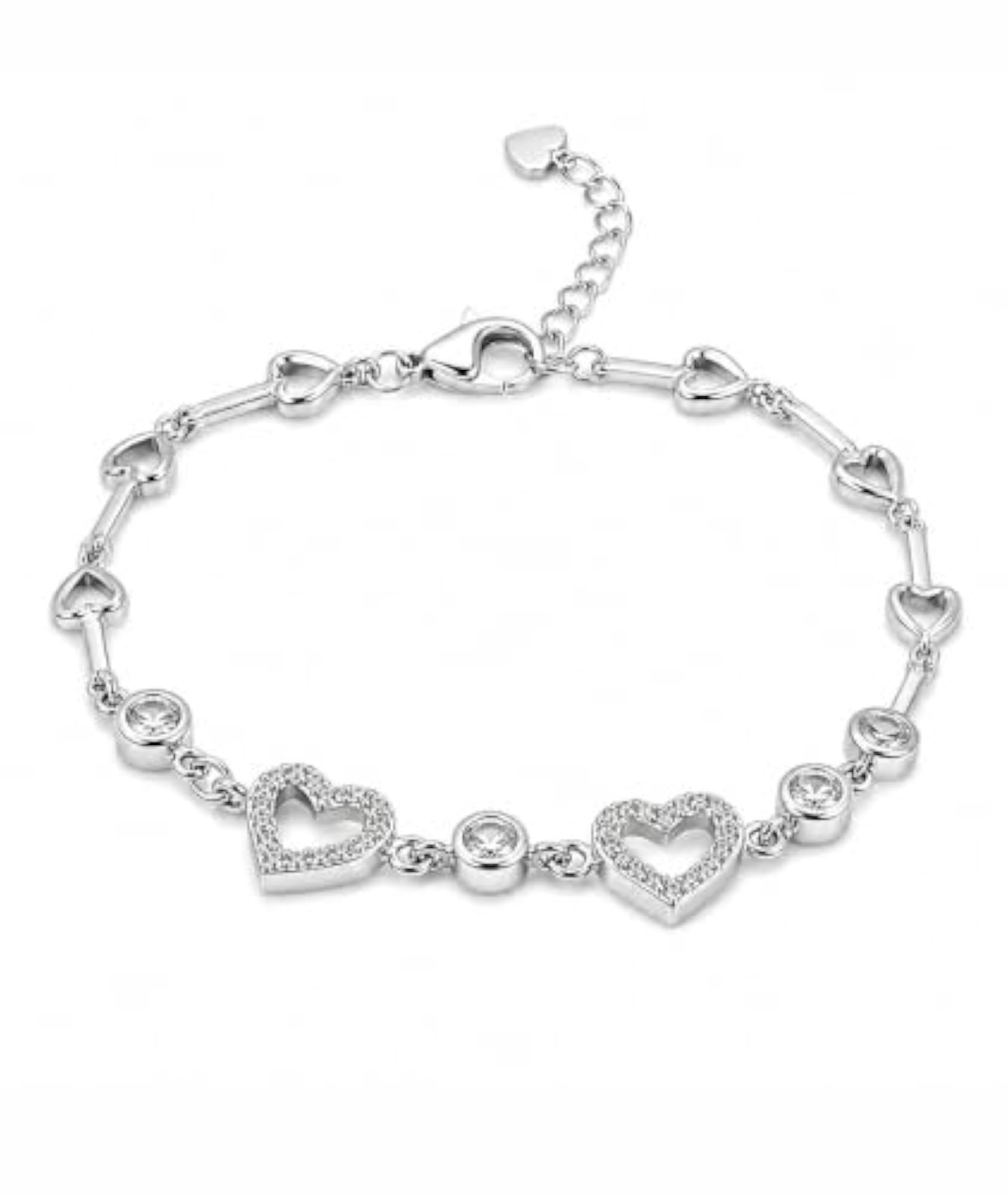 Women's 925 Sterling Silver Heart Chain Bracelet with CZ