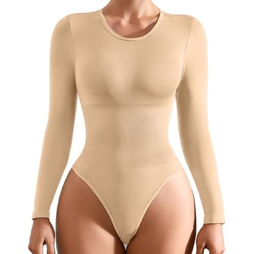 DEANGELMON Seamless Long Sleeve Bodysuits for Women Scoop Neck Body Suit Slimming Basic Bodysuit Tops