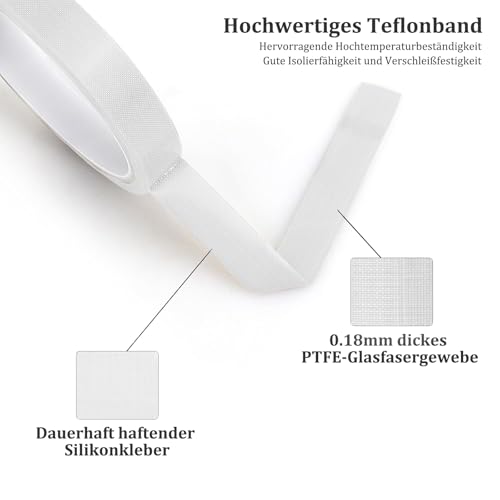 Misuyue Teflonband Klebeband, Hitzebeständiges Klebeband 10mm x 10M, 0,18mm Dicke PTFE Glasgewebeband für Vakuumiermaschine Impulsversiegeler, Hitzebeständiges bis 300℃ (Weiß)
