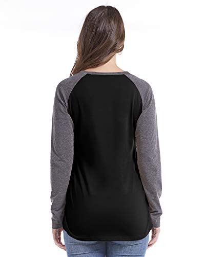 STYLEWORD Womens Long Sleeve Henley Raglan T Shirts V Neck Button Casual Blouse Tops(Black-555,M)