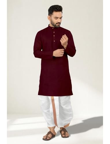 Image of UNIQUE MOMENTS Men's Cotton Dhoti Kurta Set with Full Sleeves Solid Pattern Modern Style and Mandarin Collar Neck | Perfect for Puja & Celebrations