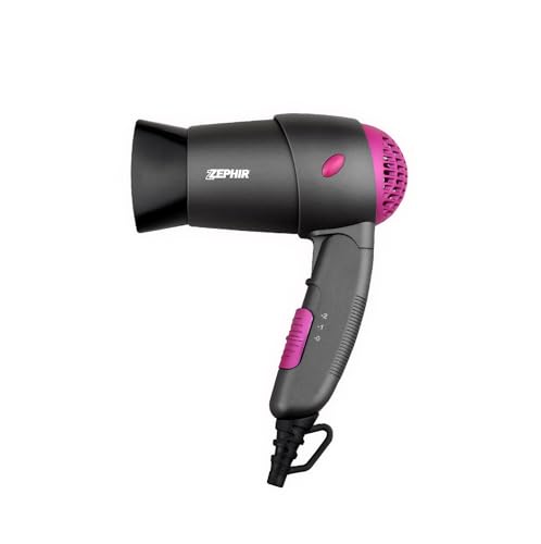 Zephir, Asciugacapelli pieghevole, Potenza 1200W, 2 velocità, Concentratore incluso, Colore Grigio e Rosa
