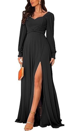 YRGERATON Long Sleeve Prom Bridesmaid Dresses with Slit Long A Line Chiffon Formal Evening Bridesmaid Party Gow3