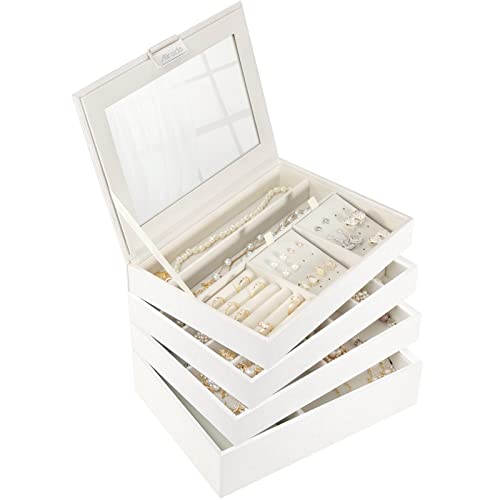 Allinside Stackable Jewelry Tray Box Sets Organizer with Mirror Lid, PU Leather Jewelry Storage Display Case for Drawer Dresser, Jewelry Holder Trays for Earring Ring Necklace Watch, Set of 4, White
