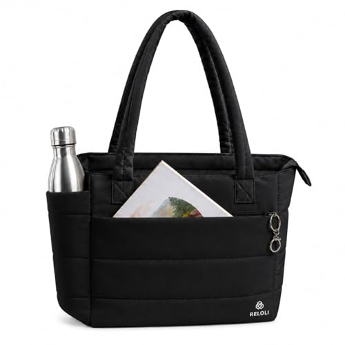 Reloli Bolsa Tote Puffer Feminina, Grande e Leve, com Compartimento para Notebook 15,6' e Vários Bolsos – Estilo Minimalista para Trabalho, Faculdade, Academia e Viagem de Mão (Preto)