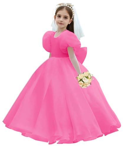Tulle Flower Girl Dress with Puff Sleeve Backless First Communion Dress with Bow Girls Ball Gown Dress with Pearl
