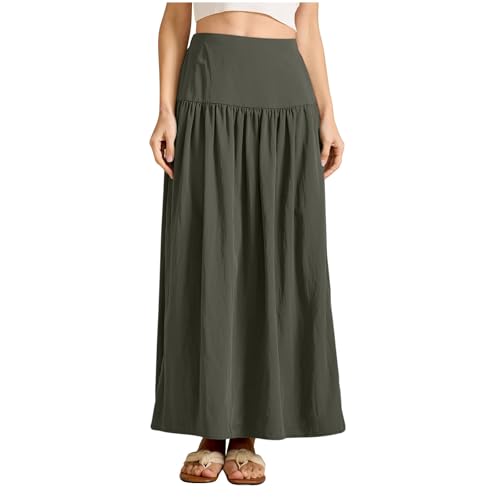 Women's Elastic High Waisted Skirts Summer Pleated Boho Maxi Long Skirts Casual Trendy Flowy Swing A-line Midi Skirt Army Green