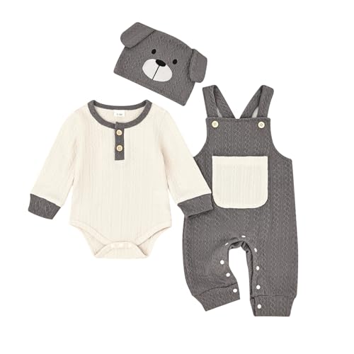 Image of FOCUTEBB Baby Boy Clothes Cute Long Sleeve Romper Infant Pocket Overalls Adjustable Suspender Pants Set 0-18 Months