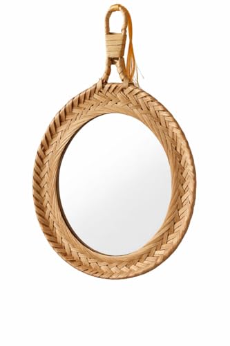 Portable Round Rattan Wall Mirror with Hanging Loop – Handwoven B...