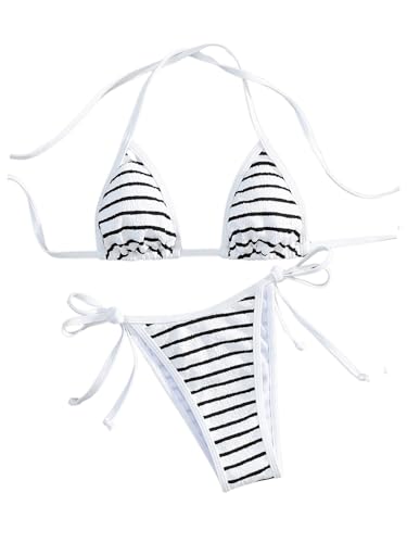 GORGLITTER Women's 2 Piece Striped Swimsuits High Cut Tie Side Halter Triangle Sling Bikini Set Swimwear