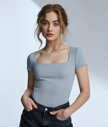 Image of SIGHTBOMB SOFTLINE SQUARE NECK DOUBLE LAYER SHORT SLEEVE MICROFIBER CUDDLE TEE AFFORD LUX EDITION FEATHER TOUCH TOP FOR WOMEN