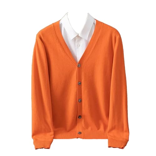 Men's Merino Wool Sweater Loose V-Neck Knitted Cardigan Sweater Lightweight Casual Long Sleeve Cardigan Orange
