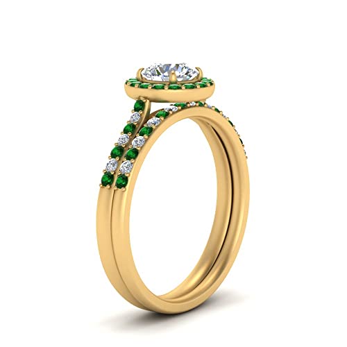 Image of Choose Your Gemstone Round Halo Ring with Matching Pave Band Yellow Gold Plated Round Shape Wedding Ring Sets Everyday Jewelry Wedding Jewelry Handmade Gifts for Wife US Size 4 to 12