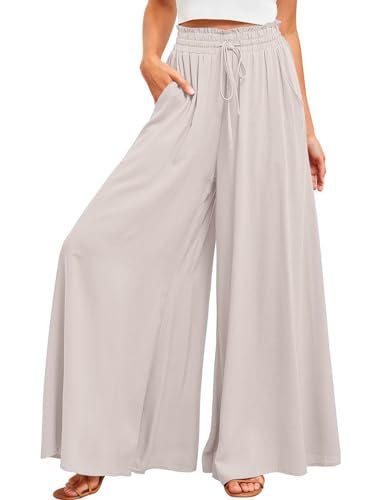 ALSOGO Weite Hosen Damen-Lässig Locker Hohe Taille Palazzo Elegante Einfarbig Hose mit Tasche Kordelzug Aprikose M ALSOGO Weite Hosen Damen-Lässig Locker Hohe Taille Palazzo Elegante Einfarbig Hose mit Tasche Kordelzug Aprikose M