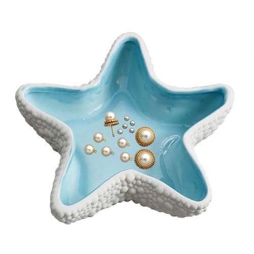 TANMESSO Seashell - Bandeja de cerámica para joyas, soporte para anillos de caracola, plato de baratijas y cuenco decorativo para decoración costera del hogar (estrella de mar azul)