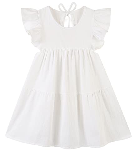 RJXDLT Toddler Dress Baby Girls Cotton Linen Ruffle Sleeve Tiered Swing Casual Summer Boho Dresses 379 White 90