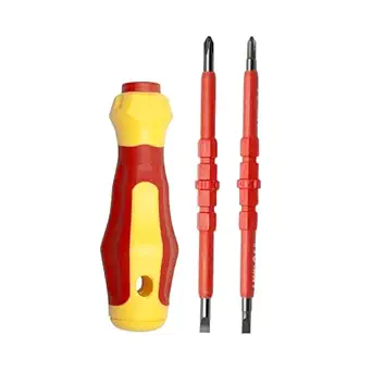 GLUN Mini Insulated 4 in 1 Screwdriver Set, Flat Interchangeable Head Screwdriver 500V Rated Multipurpose Magnetic Tip Steel Flat Cross Insulated