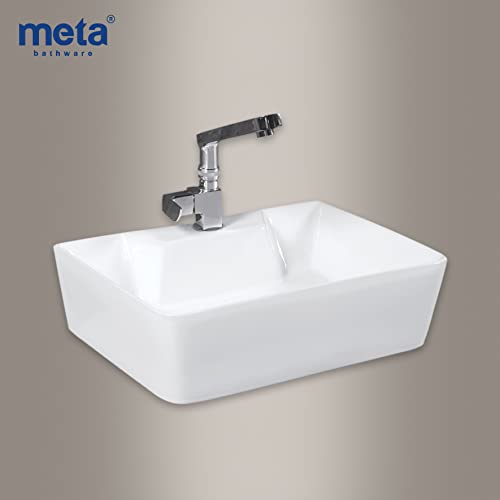 Image of Meta Table Top Ceramic Wash Basin - Countertop Designer Vessel Sink - Bathroom Washbasin over counter For Hotel Home Living Room - Glossy Finish (16 x 12 x 4.5 Inch, White)