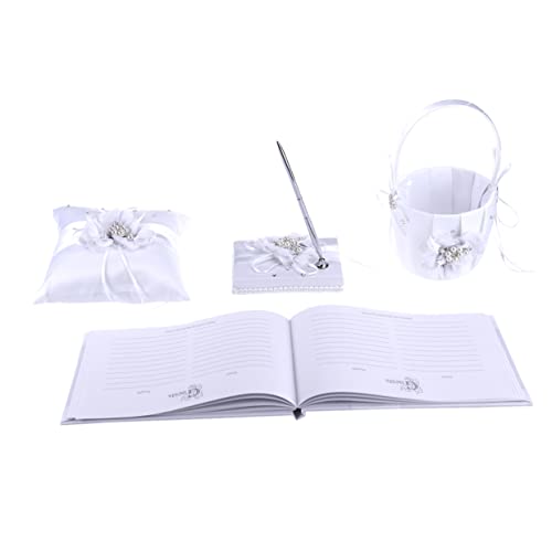 Unomor Complete Wedding Ring Pillow and Flower Basket Kit 20x20cm Ring Pillow Notebook and Pen White Flower Design