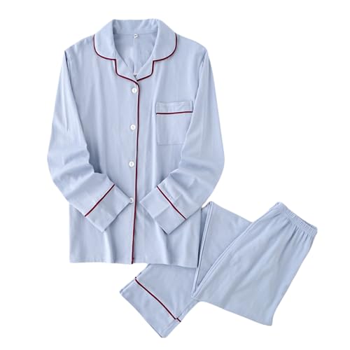 Couples Matching Pajamas Soft Cotton Long Sleeve Sleepwear Button Down Loungewear Pjs Set Warm Shirt and Pants