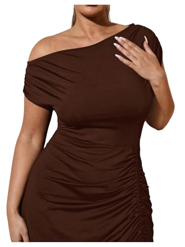 Floerns Women's Plus Size Off The Shoulder Sexy Midi Dress Drawstring Ruched Slit Party Bodycon Cocktail Dresses3