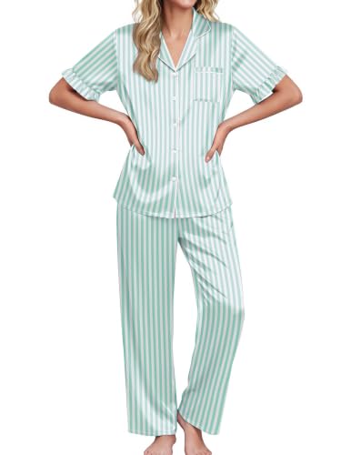 Image of Ekouaer Silk Satin Pajamas for Women Set 2 Piece Short Sleeve Button Up Pjs | Two Side Pockets,Soft Bridesmaid Lounge Set,Bridal Ruffle Sleepwear,Wedding Party,Honeymoon Vacation,Postpartum
