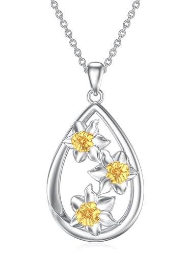 Teardrop Daffodils Necklace 925 Sterling Silver March Birth Flower Pendant Floral Birthday Jewelry Gift for Women