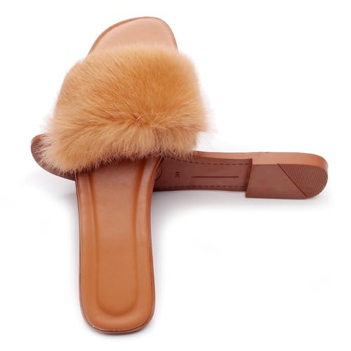 FAYUEKEY Fuzzy Slippers for Women Faux Fur Cozy Fluffy House Bedroom Open Toe Sandals Slide3
