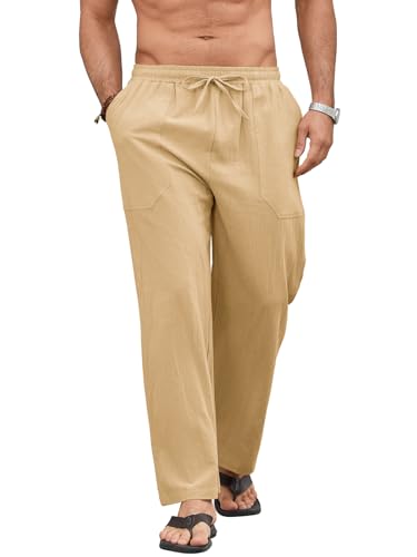 Vorvowry Pantalon Lin Homme Été Léger Respirant Pantalon Décontracté Taille Élastique avec Cordon et Poches Longue Coupe Confortable Kaki L