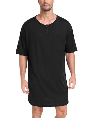 MoFiz Men's Nightshirt Soft Pajamas V Neck Short Sleeve Nightgown Loose Sleepwear Nightwear Comfy Sleep Shirt S-3XL