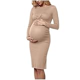 Women's Long Sleeve Maternity Dress Knit Fall Winter Pregnancy Clothes Long Sleeve Photoshoot Dress Midi Slim Fit Ribbed Bodycon Dresses Crew Neck Maternity Sweater Dresses Casual Pregnant (Khaki, XL)